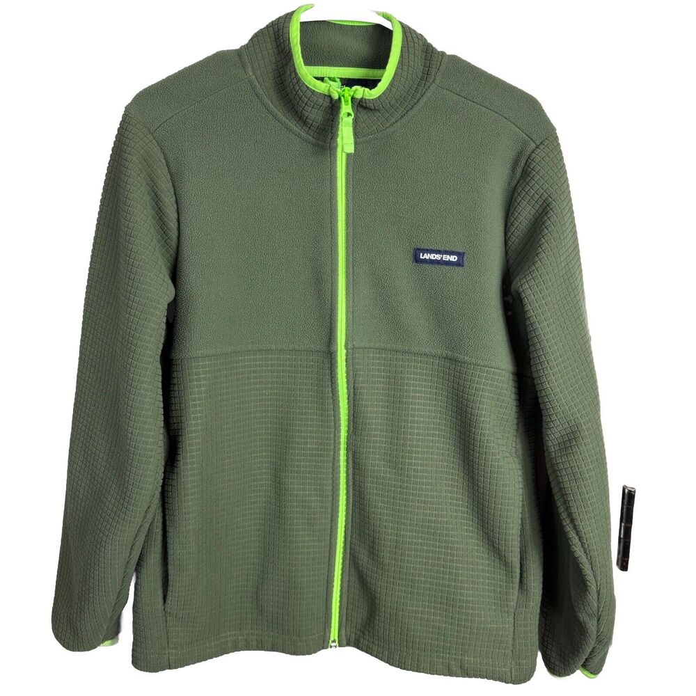 Lands‎ End Men's Grid Fleece Full Zip Jacket 100% Polyester Beetle/Green Size S